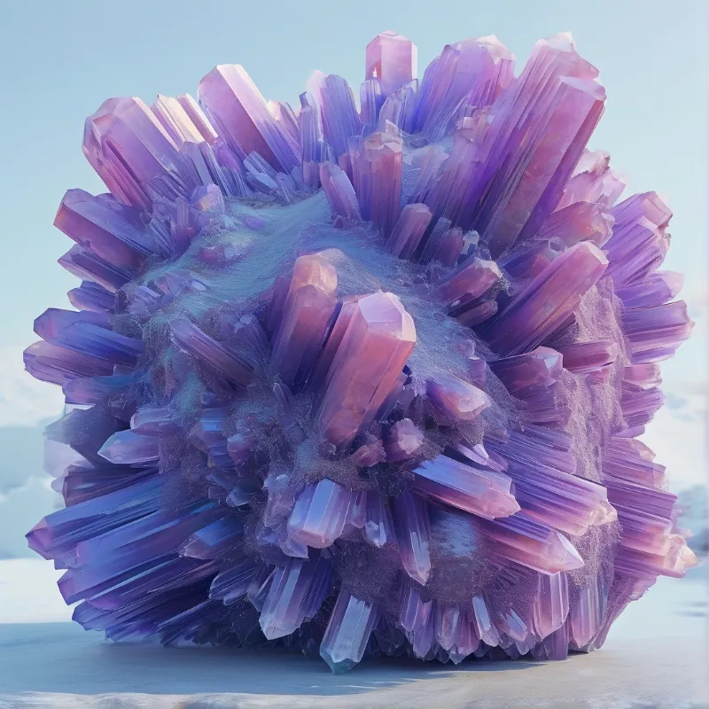 A large purple amethyst geode rests on a flat gray surface beneath a clear light blue sky.