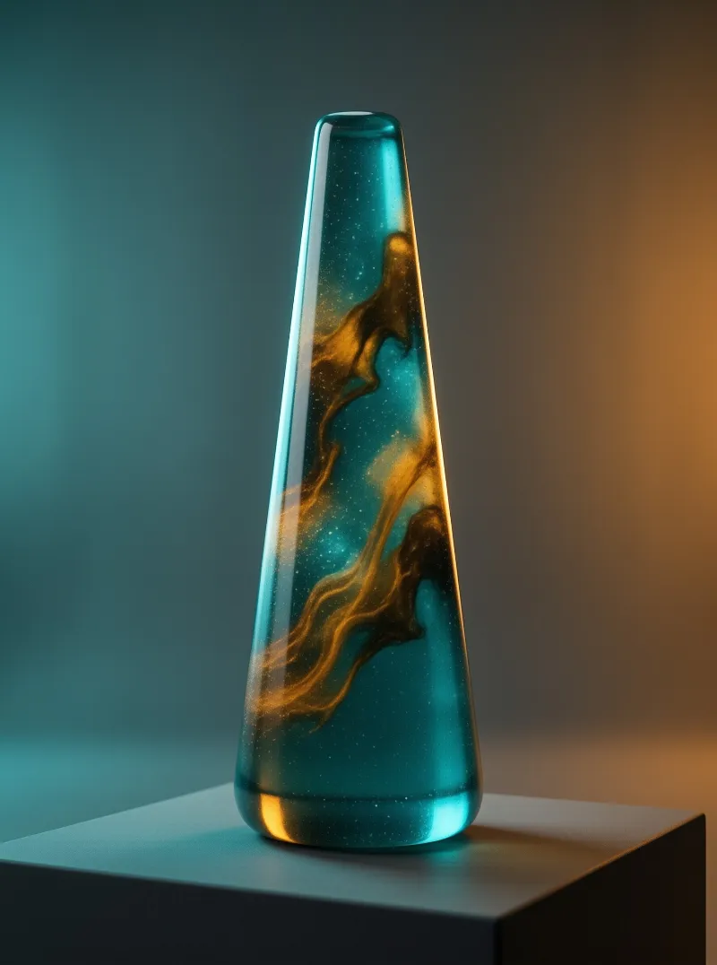A tall tapered teal glass vase featuring swirling golden amber patterns rests on a dark matte pedestal.