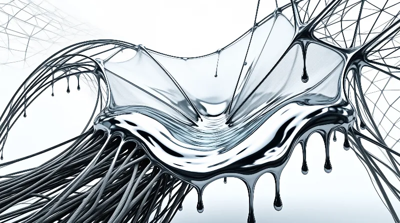 A glossy molten metal shape stretches between taut cables and lets thick droplets hang against a white backdrop