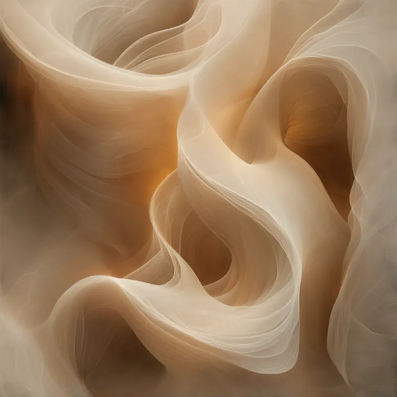 Layered cream and tan material curves smoothly to form soft waves with glowing edges and deep recesses.