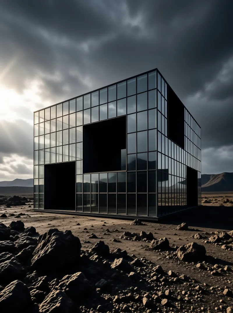A mirrored glass cube with dark open voids stands on rocky volcanic ground under a stormy sky lit by breaking sunlight.