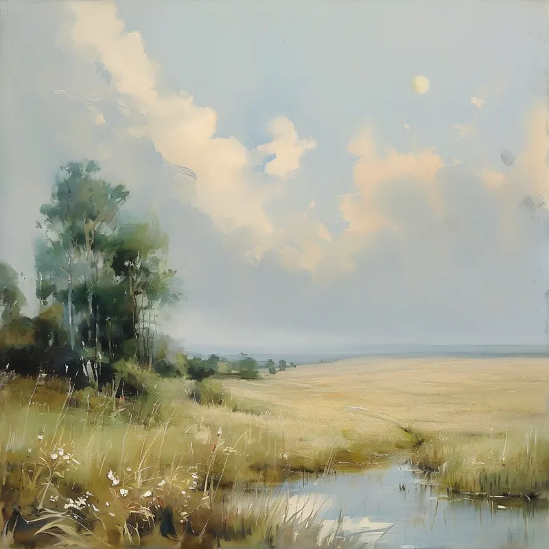 An impressionist view of open fields featuring a small waterway and distant trees beneath soft light and clouds.
