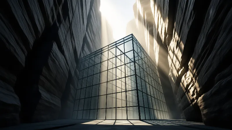 A geometric glass box sits within a rocky gorge as sunlight pours down from above.