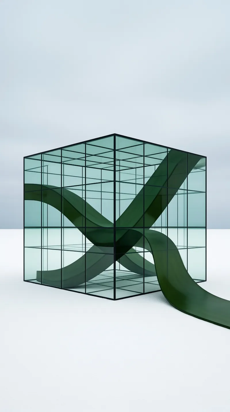 A transparent grid structure encloses flowing dark green shapes against a pale background.