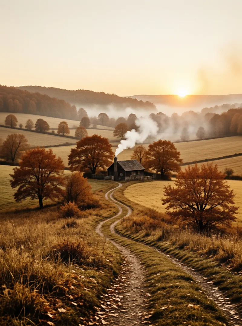 A winding path leads to a smokestack cottage nestled among orange trees under a hazy sunrise over rolling hills.