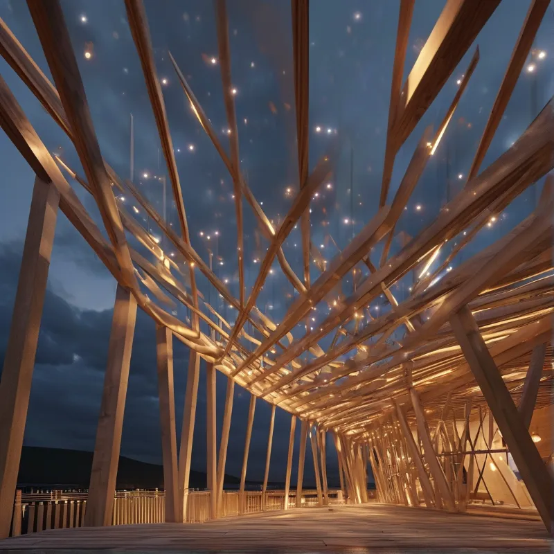 A complex wooden pavilion with curved beams is illuminated by warm interior lights against a dark blue twilight sky.