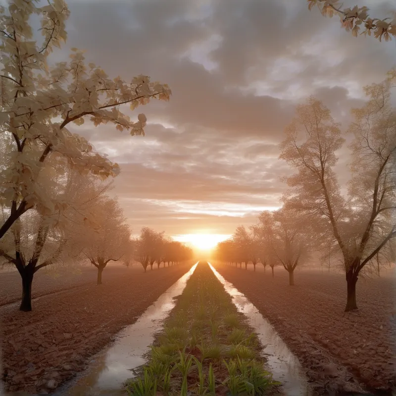 A straight water channel runs through a misty orchard toward a bright golden sun low on the horizon.