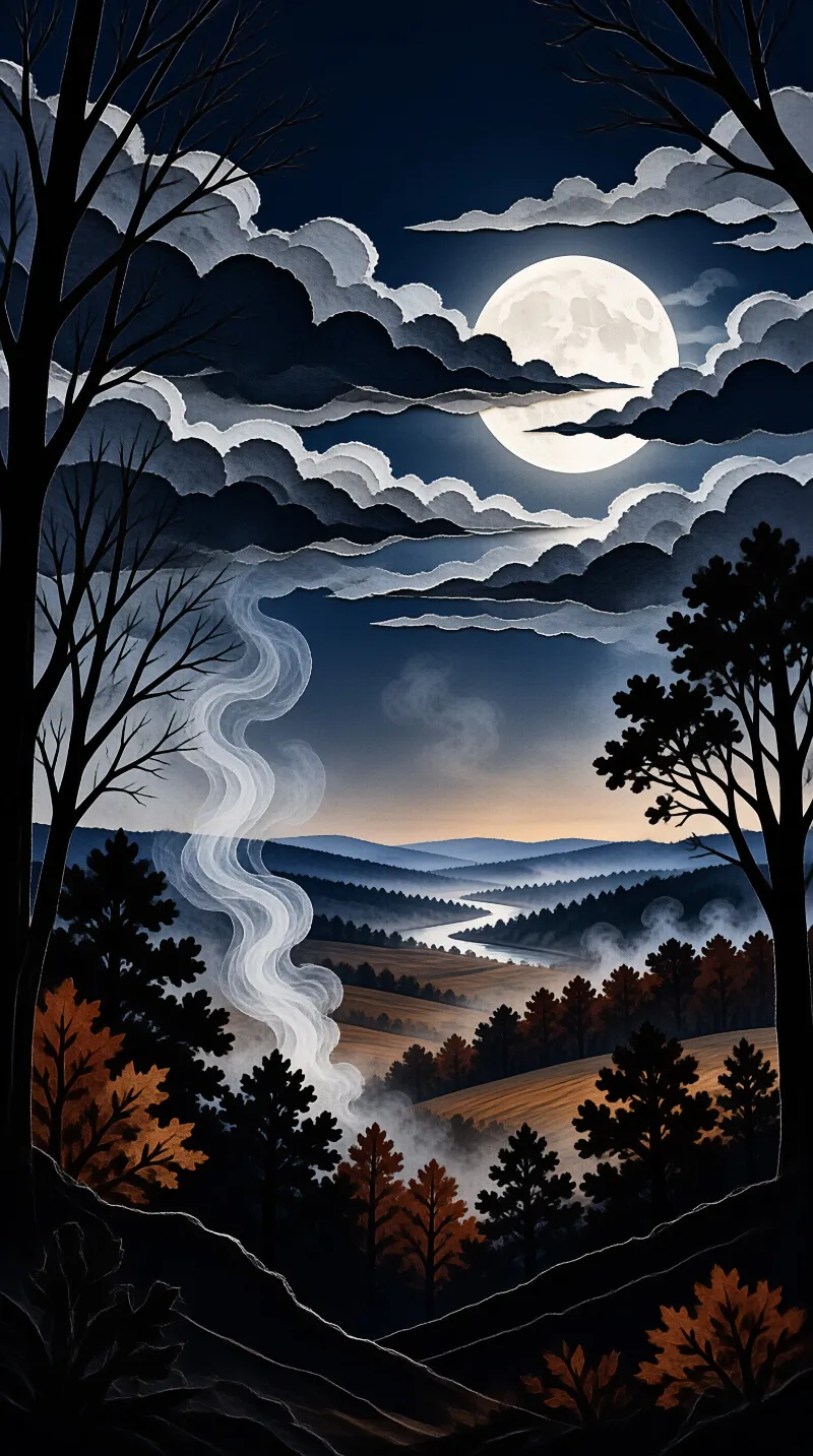 A layered paper craft night scene with a glowing full moon, torn cloud banks, and a river winding through dark autumn hills.