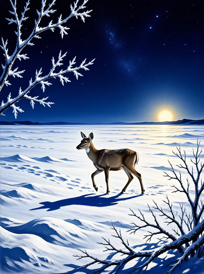 A solitary brown deer walks across a frozen snowy plain illuminated by a rising full moon.
