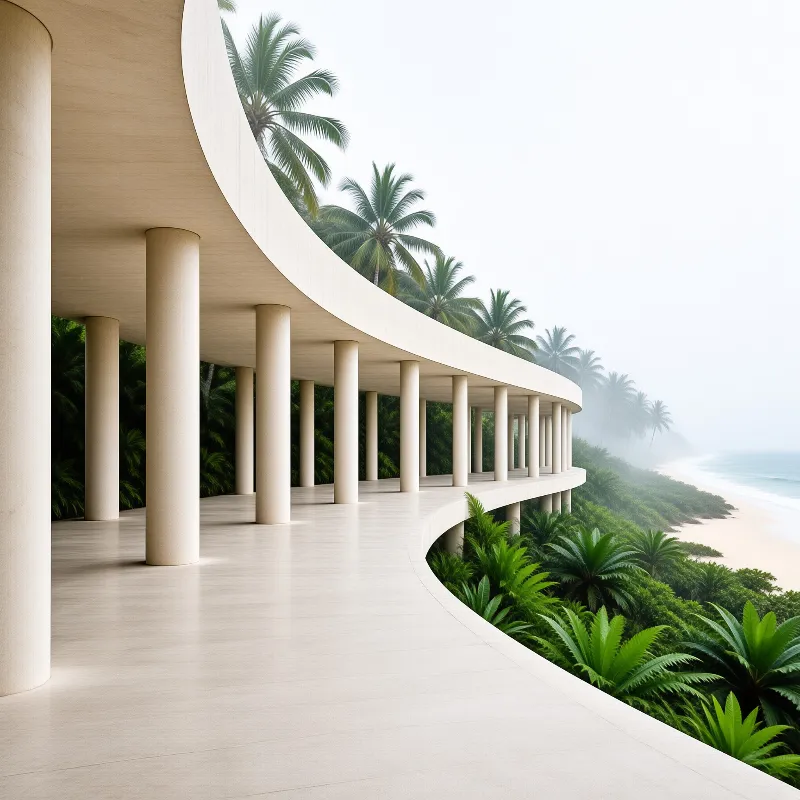 A long curved walkway supported by beige pillars stretches towards a misty beach lined with palm trees and the ocean.
