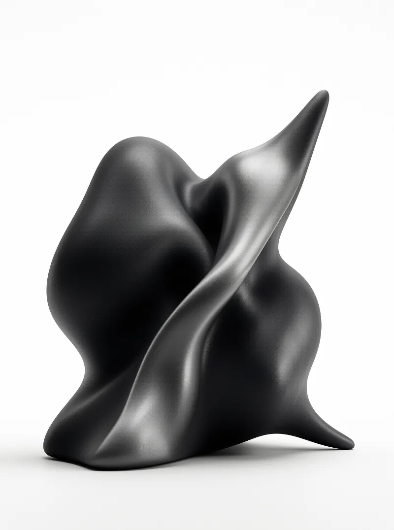 A dark twisted abstract form stands against a white background, showing smooth curves and a pointed top tapering to a base.