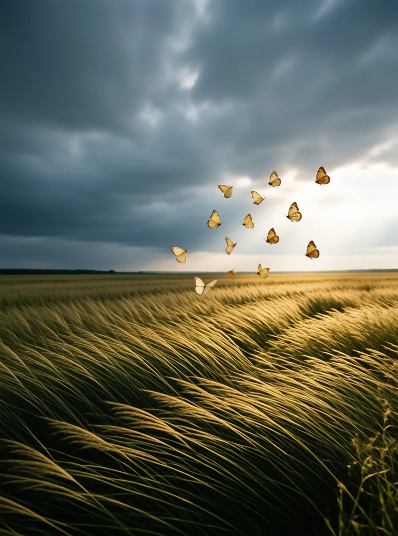 Pale butterflies fly above a rolling golden field where dark storm clouds meet bright sunlight near the horizon.