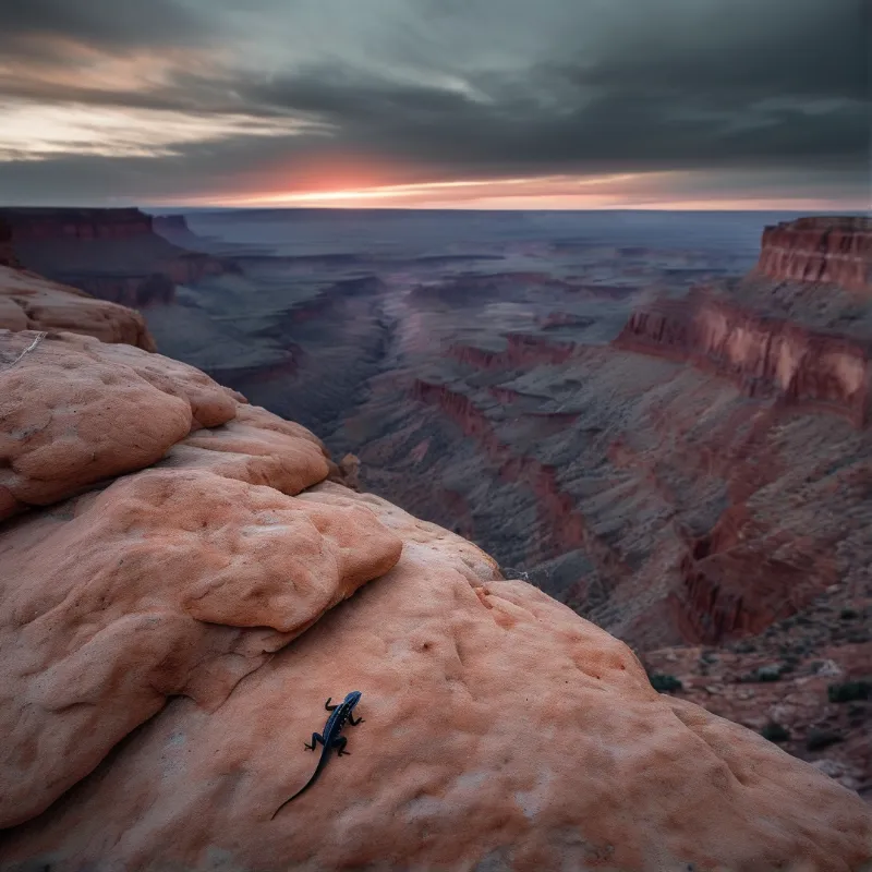 Small dark lizard on textured sandstone overlooking a deep canyon during twilight with an orange horizon.