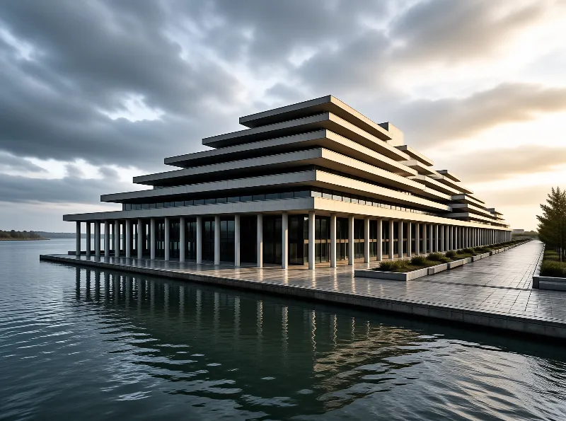 A modern tiered colonnaded building sits at the edge of a calm lake with its reflection visible on the rippled water at dusk