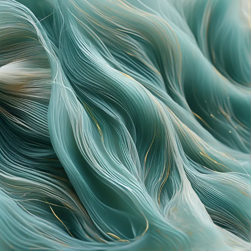 Curved teal fibers with shimmering gold threads under soft light