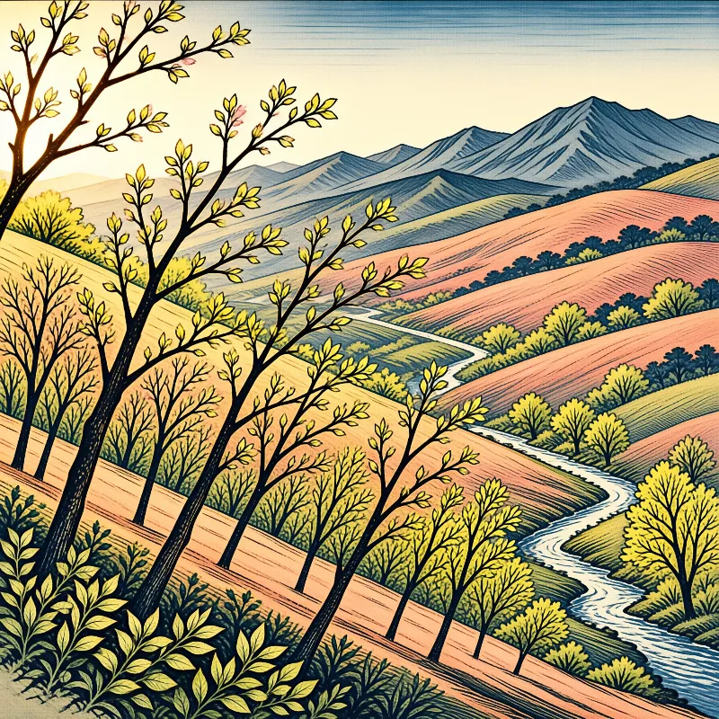 Fresh saplings line sunlit sloped farmland, a meandering river cuts past pink hills and distant blue mountain ranges.
