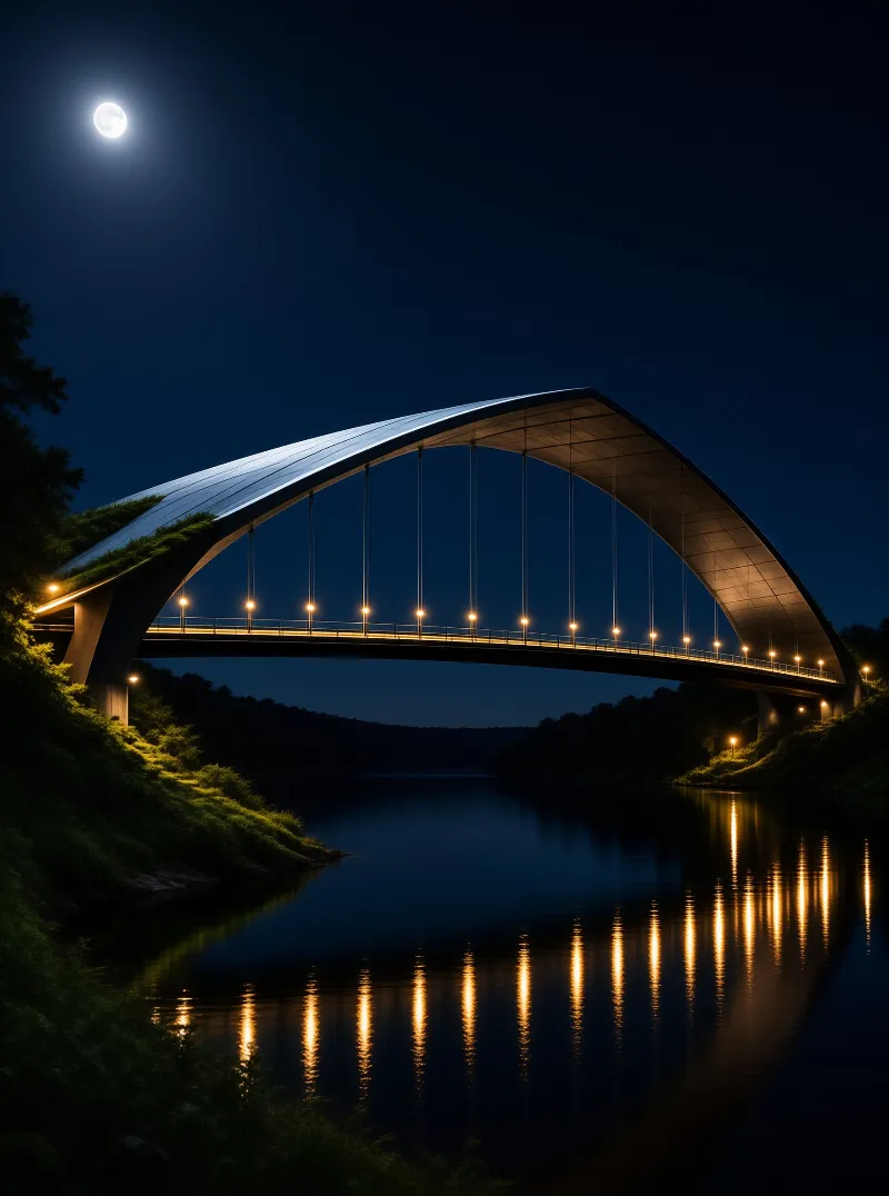 Illuminated arch structure crossing a calm body of water at night with lights reflecting below