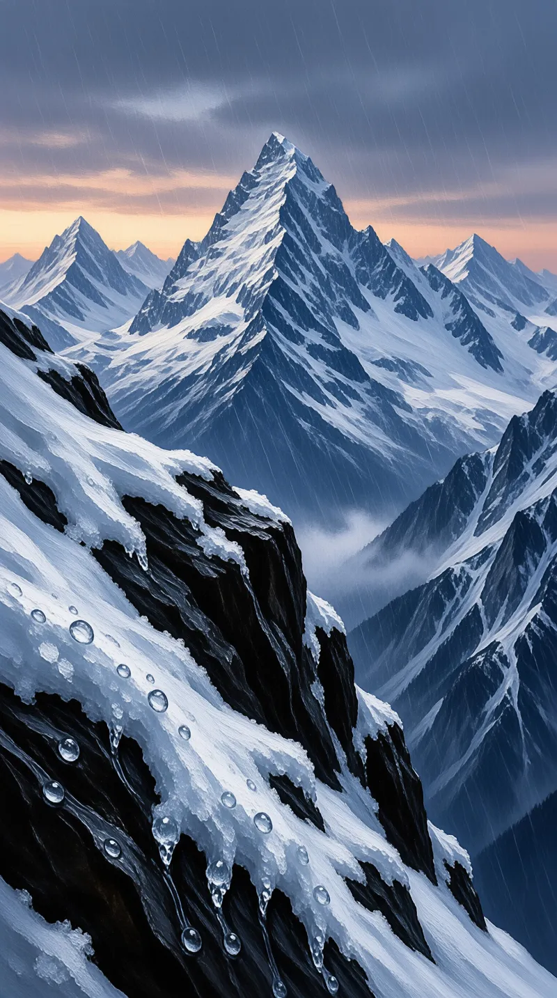 A steep snowy peak rises above a valley while rain streaks fall across the foreground rocks.