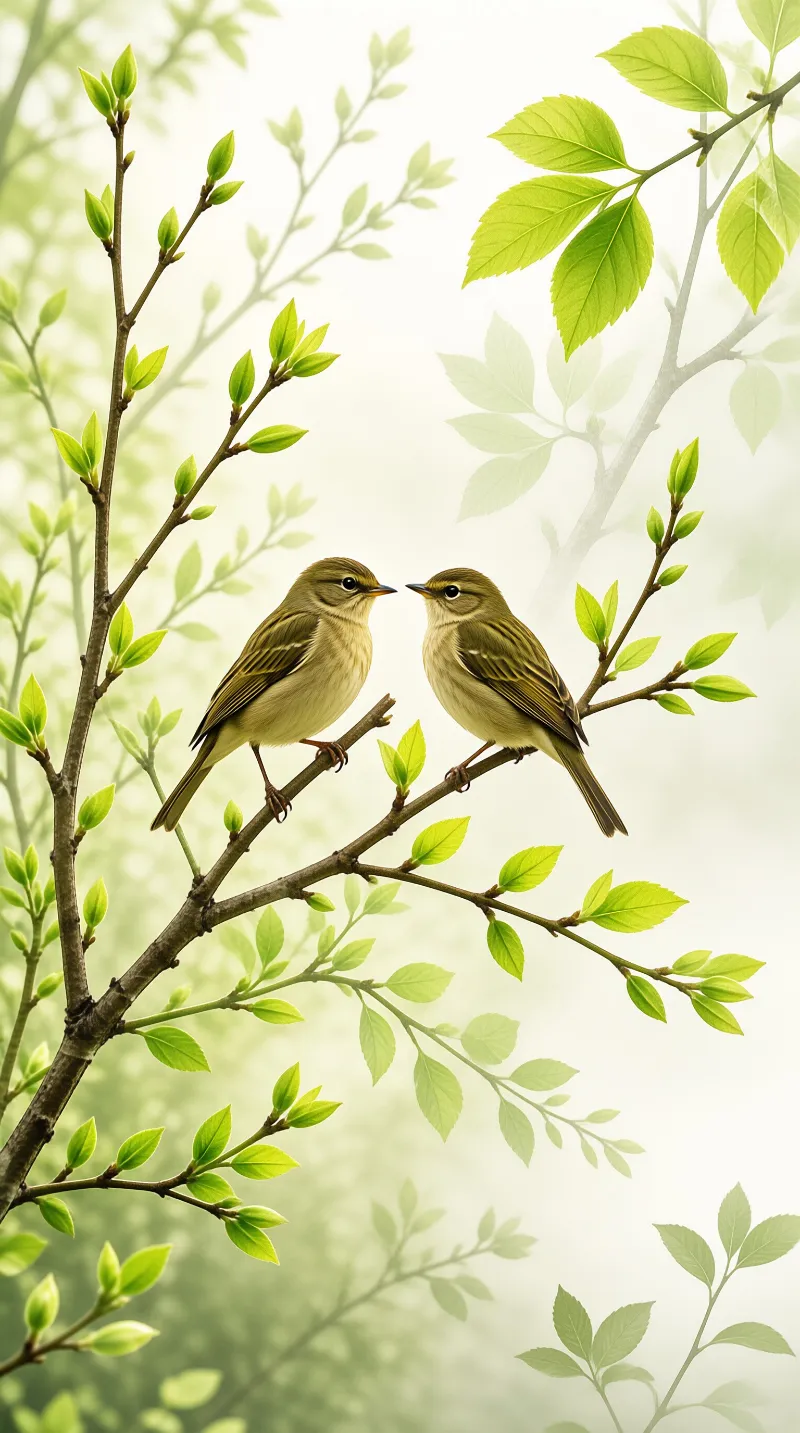Two small songbirds face one another while perched on a slender brown branch surrounded by vibrant green foliage and a soft diffused misty background.