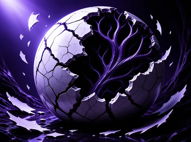 A large cracked white shell breaks open to reveal a network of glowing purple veins against a dark background.