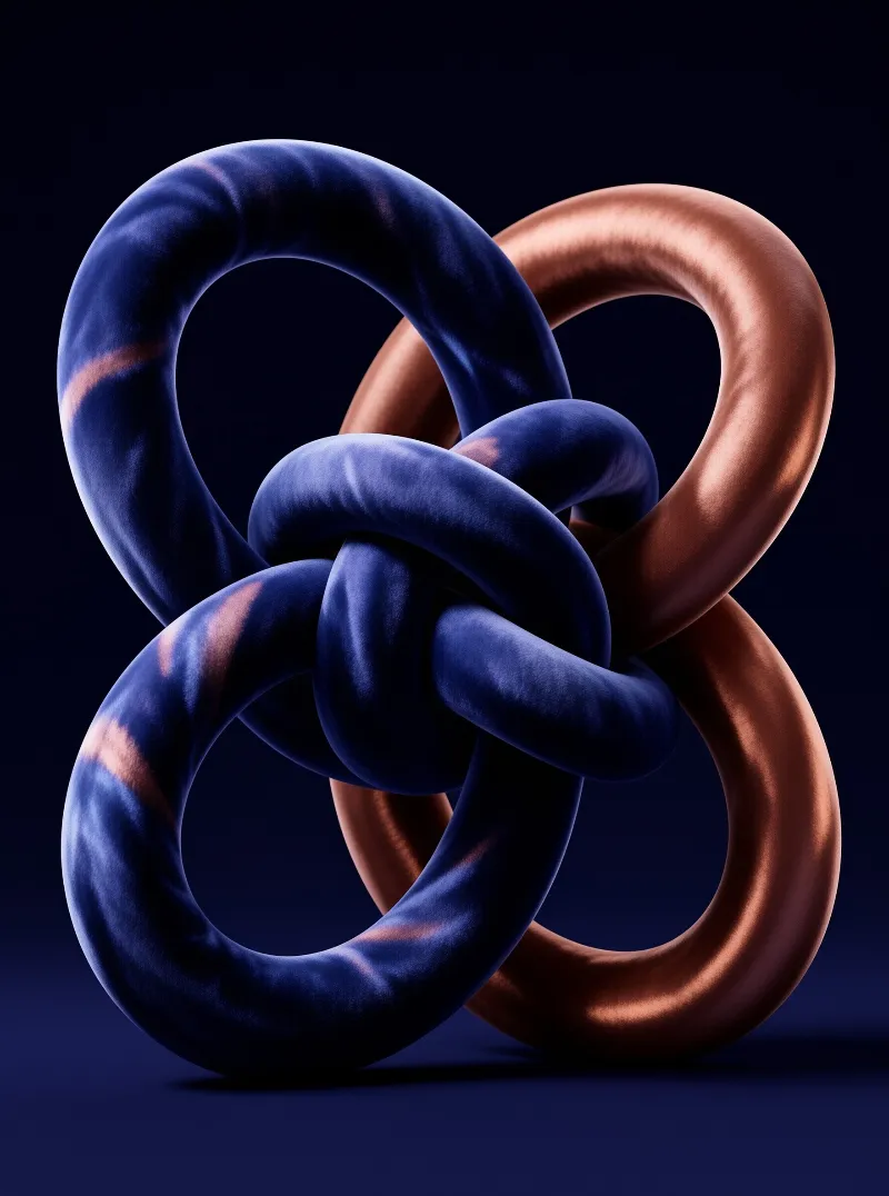 Two thick loops braid through each other, one covered in soft dark blue pile and the other in glossy copper sheen.