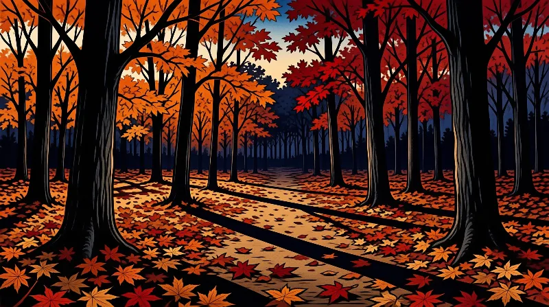 A winding path leads through tall dark trees with bright orange and red maple leaves scattered across the ground.