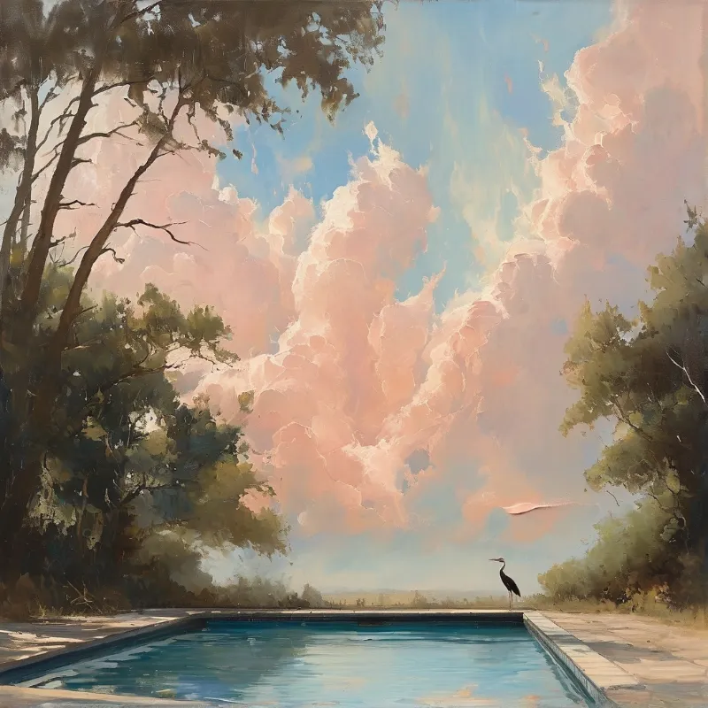 A black wading bird stands on the pool edge while giant pink cumulus clouds fill the sky above surrounding trees.