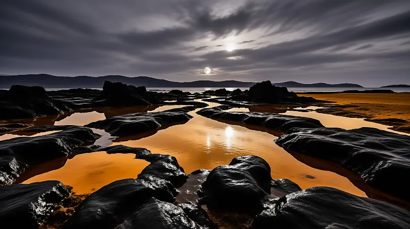 Winding channels of glowing orange water cut through dark rocks beneath a cloudy night sky with a visible moon.