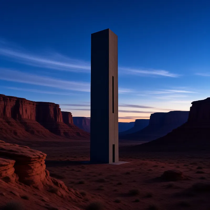 A tall minimalist concrete tower with narrow slit windows stands alone in a red desert canyon under a deep blue dusk sky