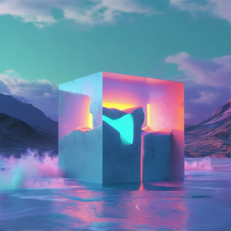 A translucent glowing cube sits on an icy lake surrounded by dark mountains under a teal sky with pink mist