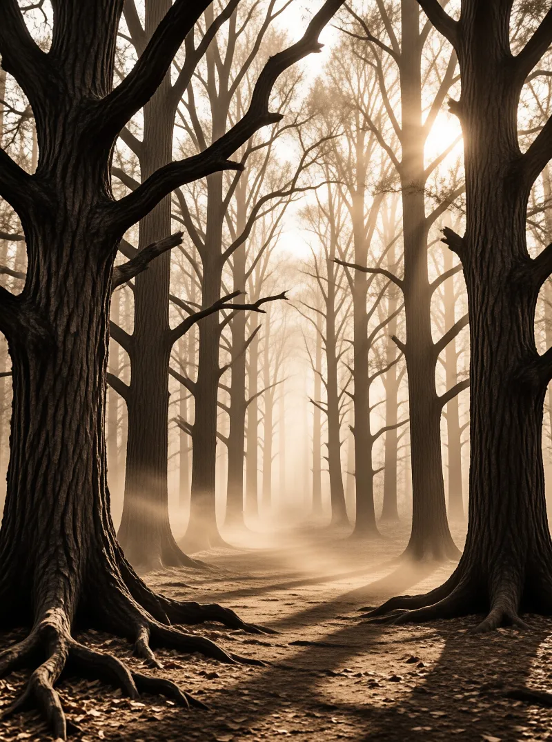 Tall bare trees line a forest path where bright sunbeams cut through the thick morning fog.
