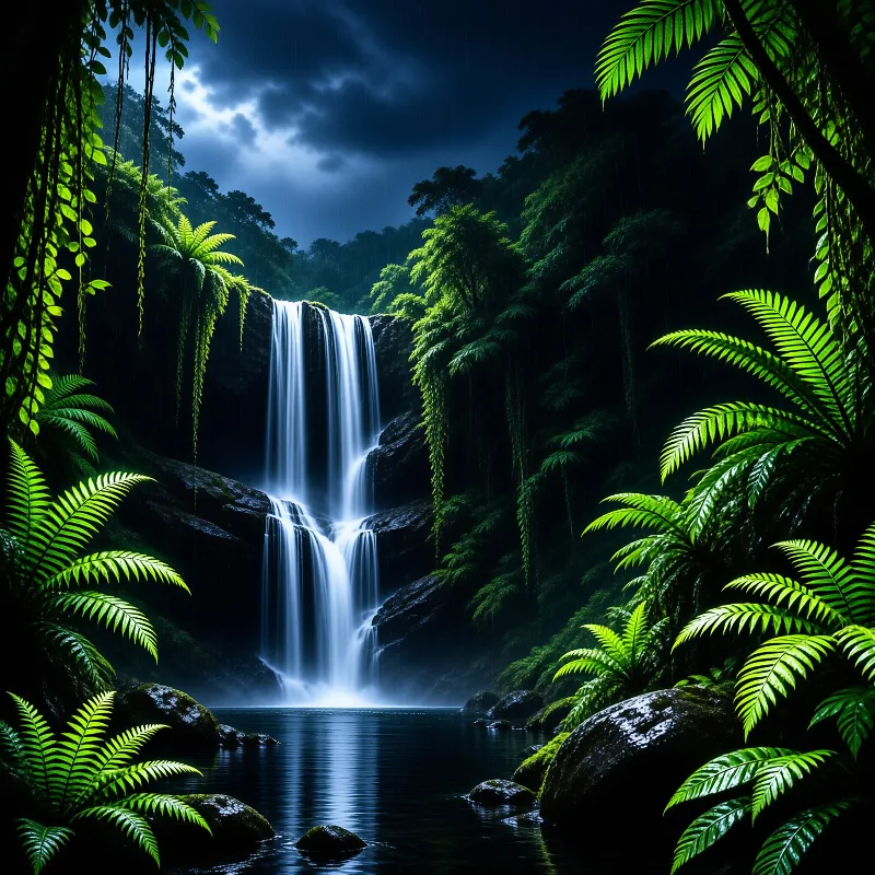 A silky white waterfall pours down dark rocks surrounded by vibrant green ferns under a moody blue sky.