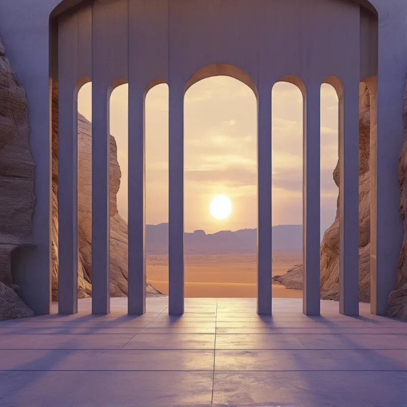 Tall rounded openings in a pale concrete screen repeat across the view, centring the low sun above distant dunes