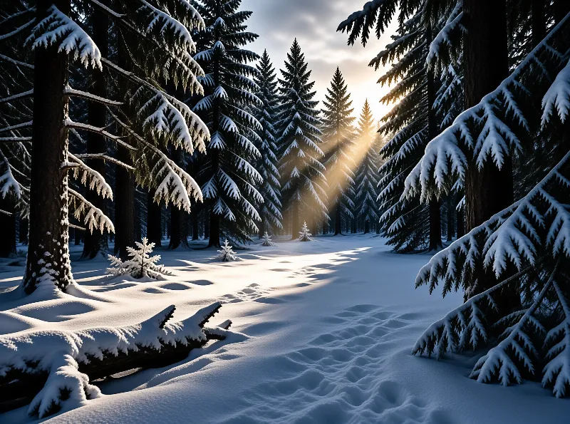 Tall evergreens frame a snowy clearing where golden sunlight illuminates a footpath through the winter woods.