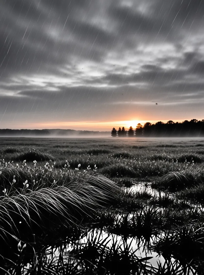 Slanted rain streaks fall across a monochrome wetland while an orange sunrise glows behind distant trees