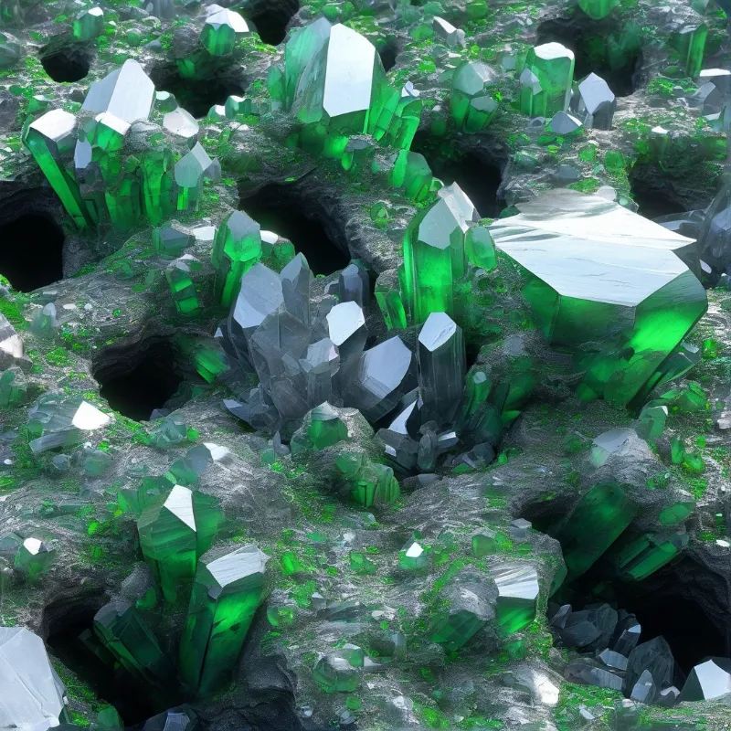 Large translucent green crystals protrude from a rugged grey rocky surface dotted with dark hollows.
