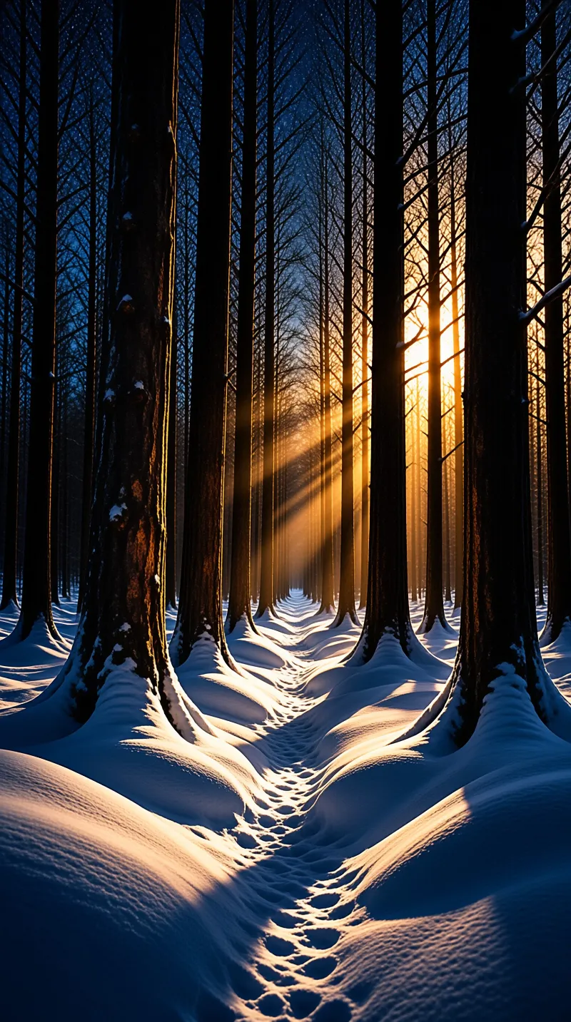 A trail of footprints winds between towering trees as golden light rays filter through the snowy woods.