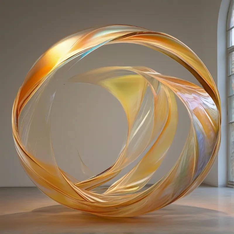 Large amber sculpture rests on wooden floor in minimalist room with natural light.