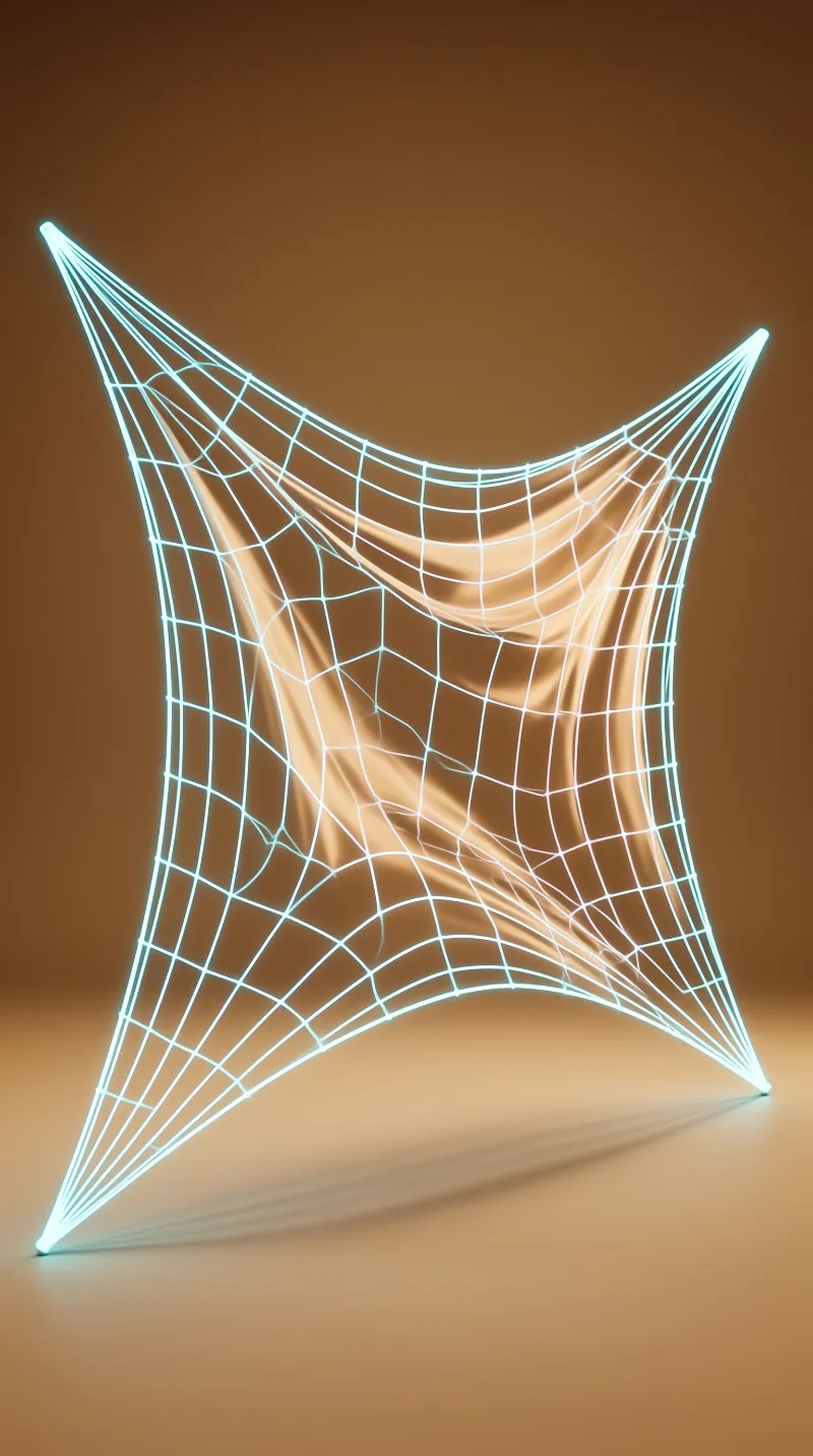 A twisted cyan wireframe mesh structure stands on a brown surface, its grid lines glowing brightly against the warm background.