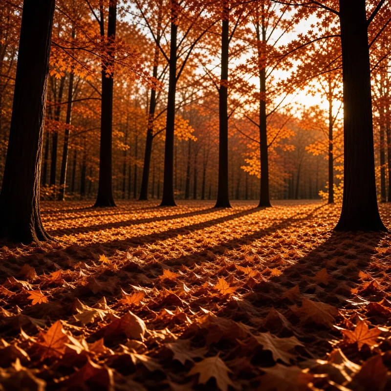 Tall dark tree trunks rise above a forest floor blanketed in glowing amber leaves during low sun hours.
