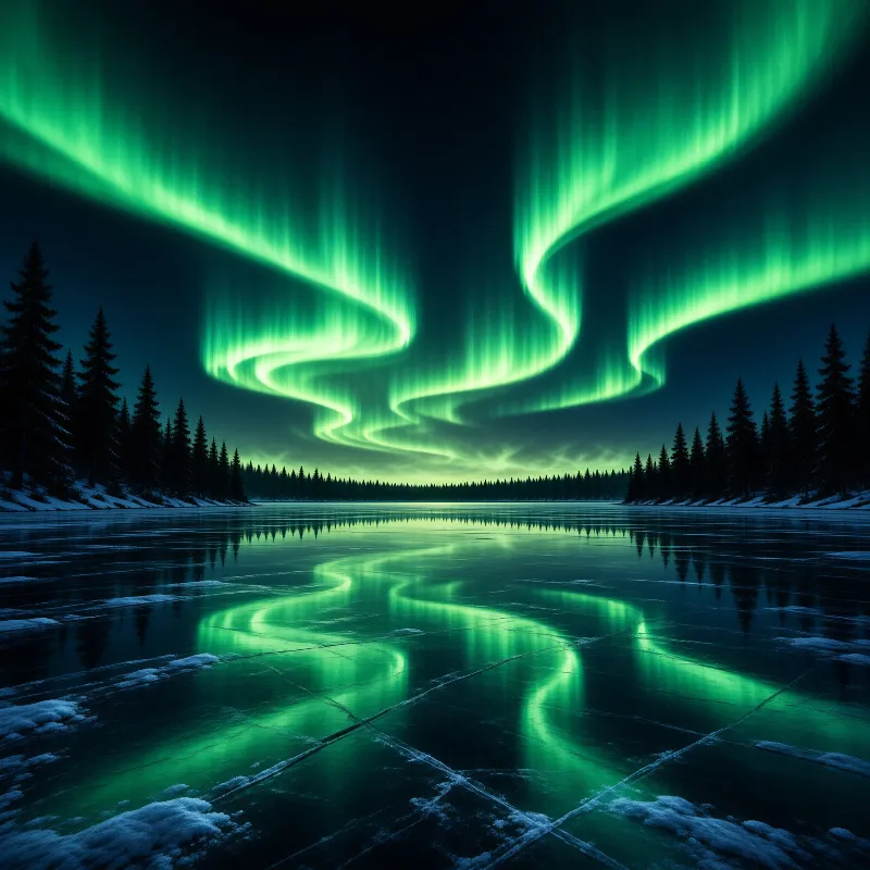 Vibrant green ribbons of light sweep across the night sky above a dark frozen lake surrounded by pine trees.