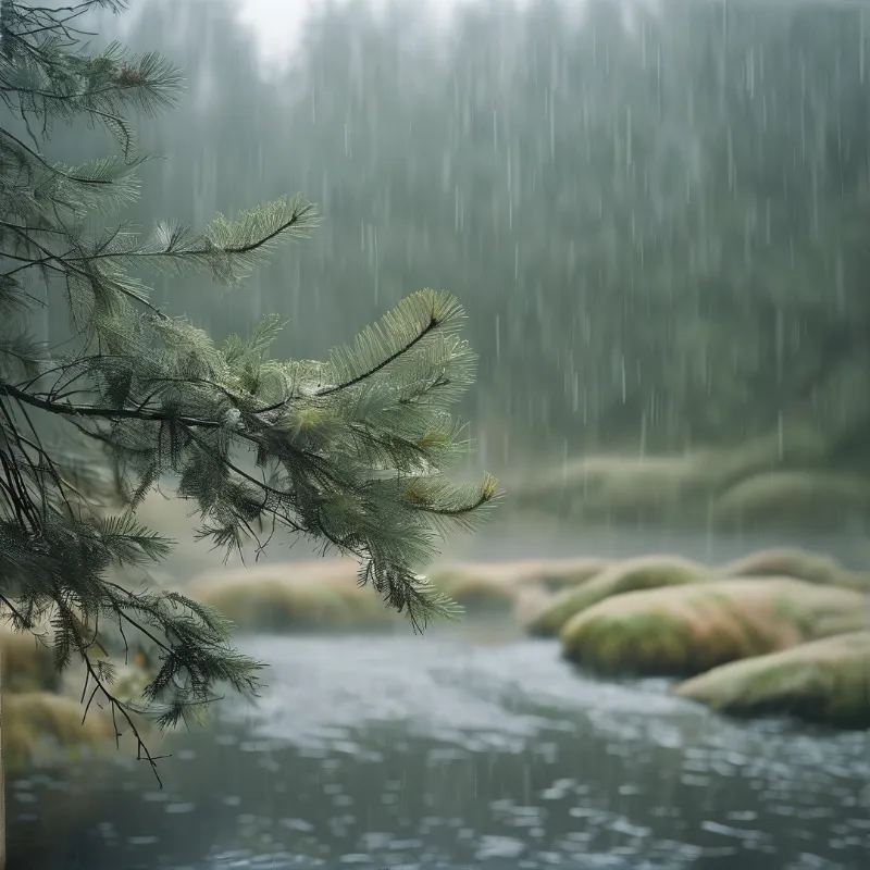 Rainy forest scene with pine branches and moss-covered rocks