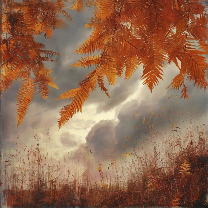 Rust coloured fern fronds hang above dry brown autumn reeds, with warm light cutting through dark storm clouds.