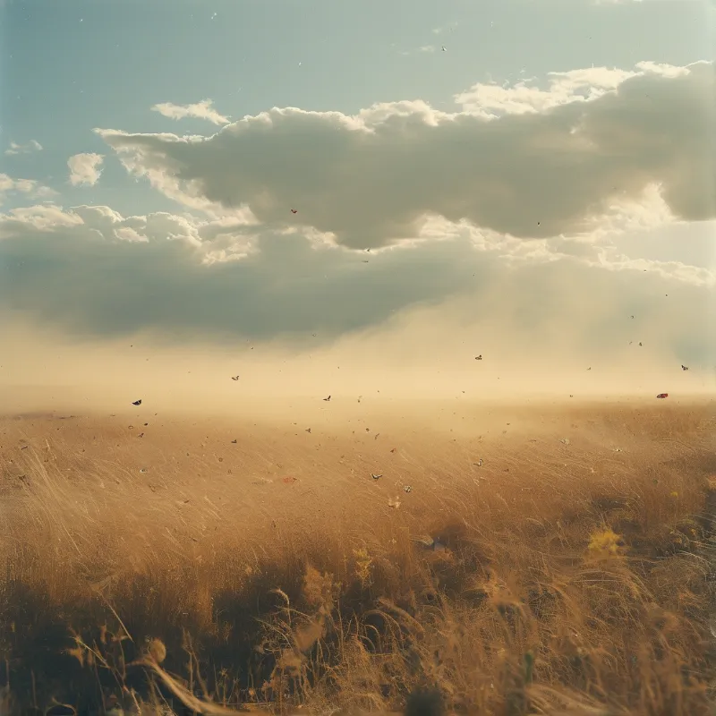 Sepia toned prairie of dry seed heads bending in the gust, with a bank of grey cloud spilling dust across the horizon