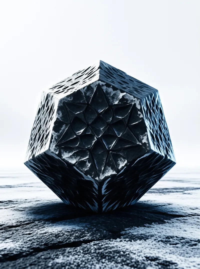 A dark faceted polyhedron with geometric facets rests on a white frozen surface under stark directional lighting.