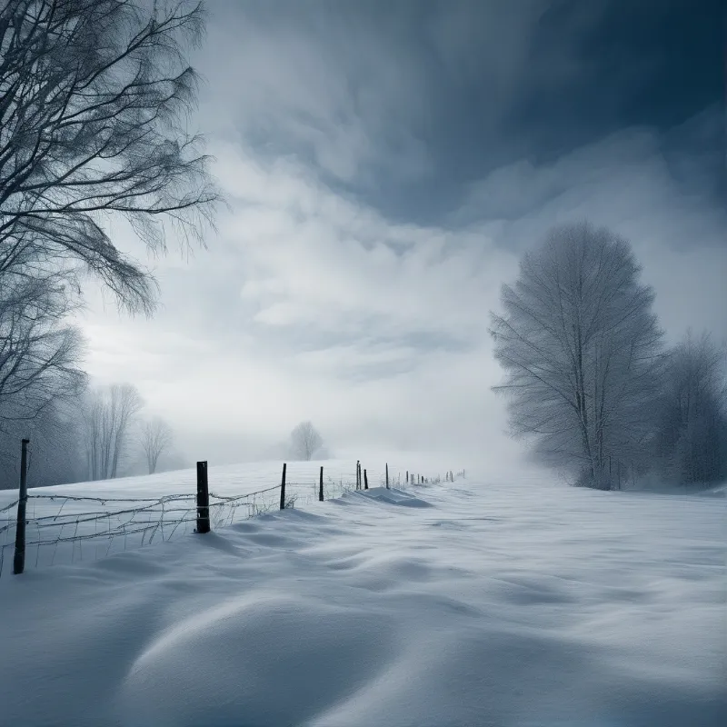 A row of wooden fence posts stands in thick snow beneath a cloudy grey sky with bare trees on either side.