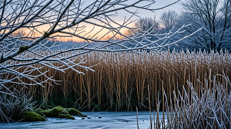 Delicate frozen branches arch over amber reeds beside a slushy stream under a soft pastel dusk.