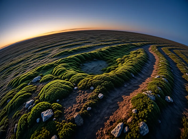 Rippling green mounds and scattered rocks stretch across a surreal landscape under a glowing curved horizon.