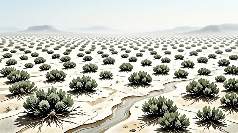 Evenly spaced spiky green succulents dot a pale sunlit desert plain with a winding shallow channel cutting through the sand.