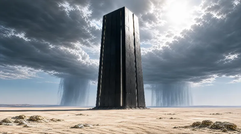 A tall black monolith stands in a vast desert plain under stormy clouds, with faint rain visible in the distance.